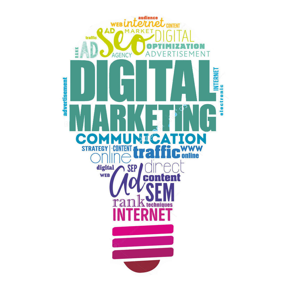 Digital Marketing light bulb word cloud, business concept background